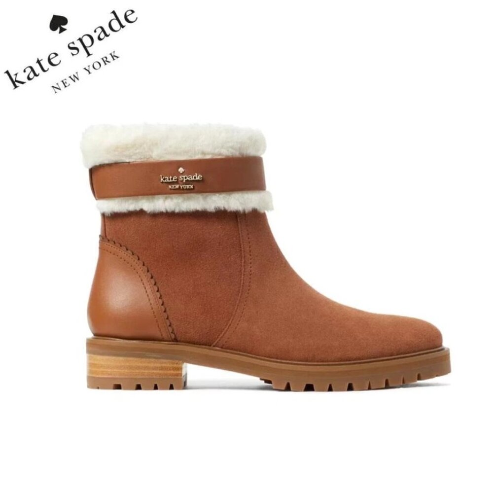 KATE SPADE NEW Bailee Faux Fur Lined Warm Gingerbread suede Ankle Booties 7.5
